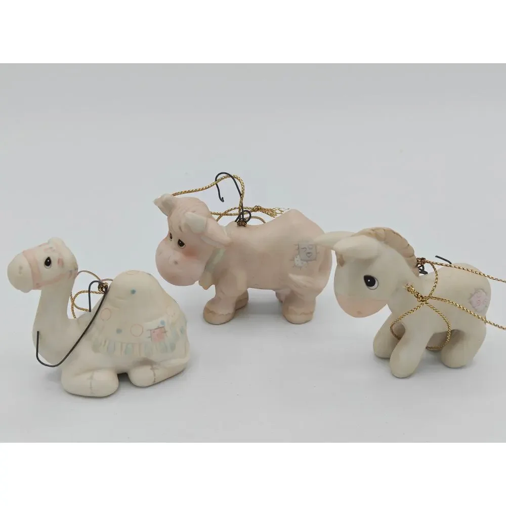 Precious Moments E2386 Trio Of Porcelain Bisque Nativity Animal Ornaments 1982